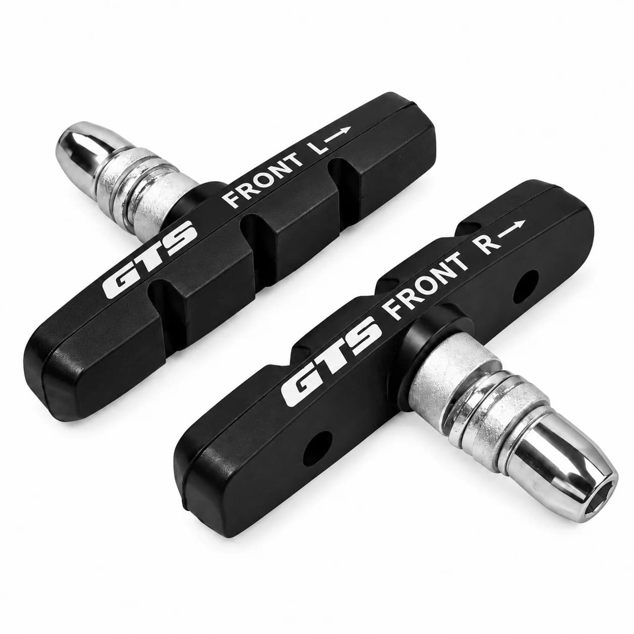 Par de sapatas de freio V-brake GTS 70 mm pretas com pino orbital, marcação FRONT L e FRONT R