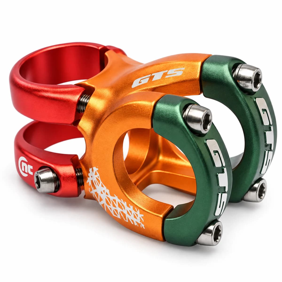 Suporte de guidão GTS Roots em alumínio CNC anodizado: corpo laranja, abraçadeira vermelha e tampa verde com logo GTS, vista em perspectiva